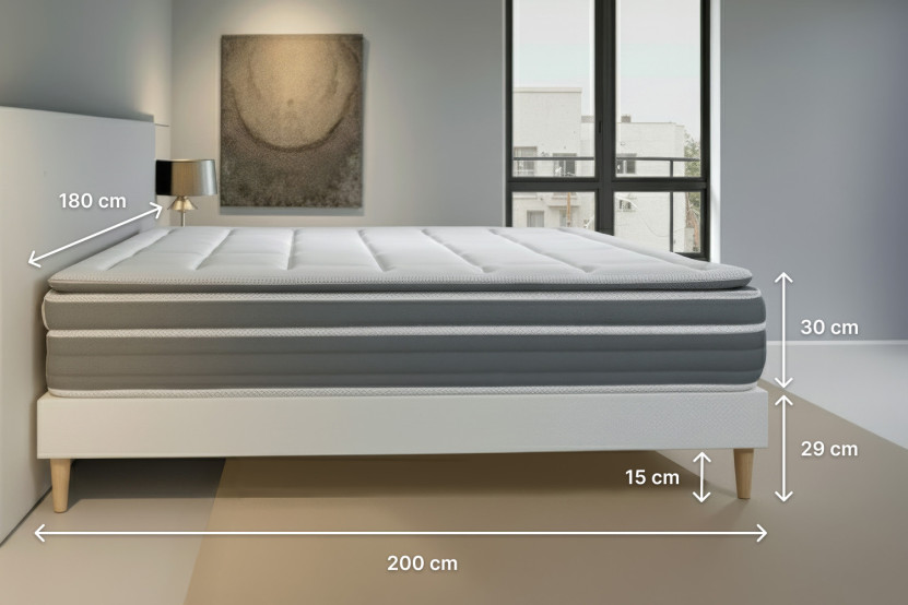 Pack lit complet 180x200 cm - Matelas + 2 Sommiers Gris + 2 oreillers + Couette - Trente PLUS