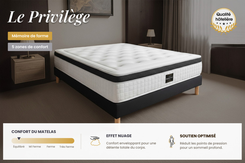 Pack lit complet 140x200 cm - Matelas + Sommier Noir (en kit) + 2 oreillers + Couette - Privilège