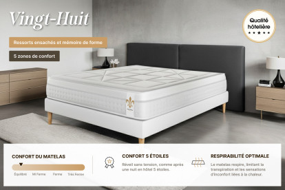 Matelas 160x200 cm Ressorts ensachés et Mémoire de forme - Vingt-Huit