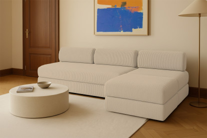 Canapé d'angle 6 places - 3 modules convertibles : Canapé 3 places + Fauteuil + Pouf - Velours côtelé Beige