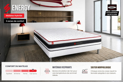 Ensemble Matelas Sommier 90x200 cm - Sommier Blanc (déjà monté) - Energy
