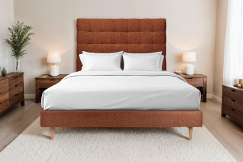 Lit 135x190 cm - Sommier tapissier H29 cm + tête de lit capitonnée - Tissu Bouclette Terracotta