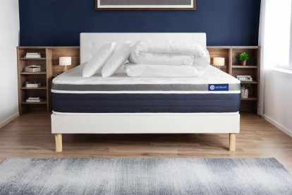 Pack lit complet 180x200 cm - Matelas + Sommier Blanc (en kit) + 2 oreillers + Couette - Actimemo Confort