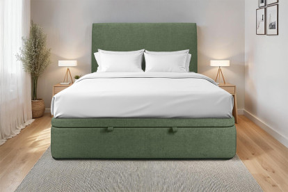Lit coffre 140x190 cm avec Tête de lit tapissée - Tissu Toile natté Vert Kaki