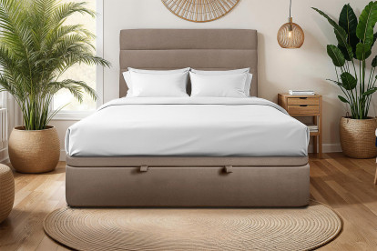 Lit coffre 140x190 cm avec Tête de lit à lignes - Tissu Velours Taupe