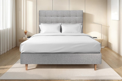 Lit 150x190 cm - Sommier tapissier H35 cm + tête de lit capitonnée - Tissu Bouclette Gris