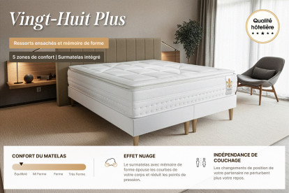 Pack lit complet 160x200 cm - Matelas + 2 Sommiers Gris + 2 oreillers + Couette - Vingt-Huit PLUS