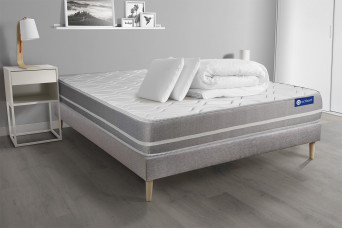 Pack lit complet 140x190 cm - Matelas + Sommier Gris (en kit) + 2 oreillers + Couette - Actimemo Touch