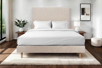 Lit 160x200 cm - Sommier tapissier H29 cm + tête de lit tapissée - Tissu Toile natté Beige Brun