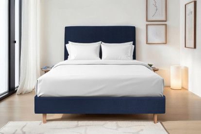 Lit 150x200 cm - Sommier tapissier H35 cm + tête de lit tapissée - Tissu Velours Bleu Océan