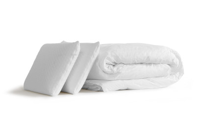 Pack lit complet 200x200 cm - Matelas + Sommier Gris (en kit) + 2 oreillers + Couette - Vingt-Six PLUS