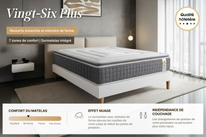 Pack lit complet 140x190 cm - Matelas + Sommier Gris + 2 oreillers + Couette - Vingt-Six PLUS