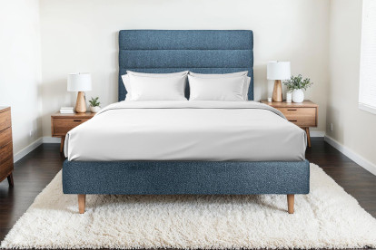 Lit 140x200 cm - Sommier tapissier H35 cm + tête de lit à lignes - Tissu Bouclette Bleu