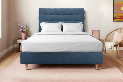 Lit 140x200 cm - Sommier tapissier H35 cm + tête de lit capitonnée - Tissu Toile natté Bleu Océan