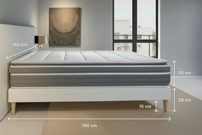 Pack lit complet 140x190 cm - Matelas + Sommier Blanc + 2 oreillers + Couette - Trente PLUS