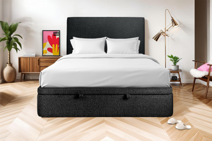 Lit coffre 140x190 cm avec Tête de lit tapissée - Tissu Bouclette Noir