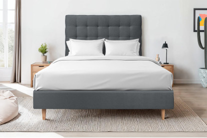 Lit 140x200 cm - Sommier tapissier H35 cm + tête de lit capitonnée - Tissu Velours Gris Anthracite