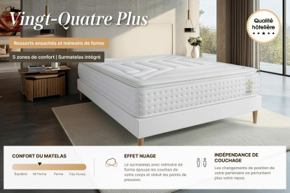 Pack lit complet 140x200 cm - Matelas + Sommier Blanc + 2 oreillers + Couette - Vingt-Quatre PLUS