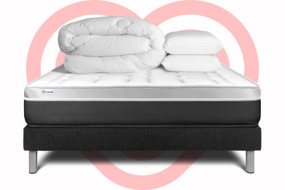 Pack lit complet 180x200 cm - Matelas + Sommier Noir (en kit) + 2 oreillers + Couette - Vital Soft