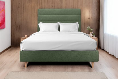 Lit 140x190 cm - Sommier tapissier H35 cm + tête de lit à lignes - Tissu Toile natté Vert Kaki