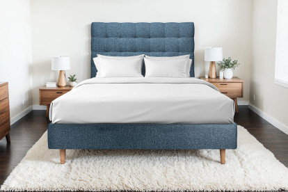 Lit 150x200 cm - Sommier tapissier H35 cm + tête de lit capitonnée - Tissu Bouclette Bleu