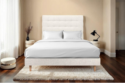 Lit 140x190 cm - Sommier à lattes H29 cm + tête de lit capitonnée - Tissu Toile natté Beige Clair