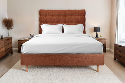 Lit 150x190 cm - Sommier tapissier H35 cm + tête de lit capitonnée - Tissu Bouclette Terracotta