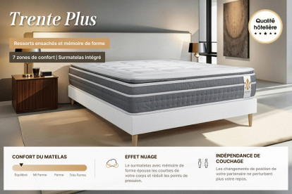 Pack lit complet 180x200 cm - Matelas + 2 Sommiers Gris + 2 oreillers + Couette - Trente PLUS