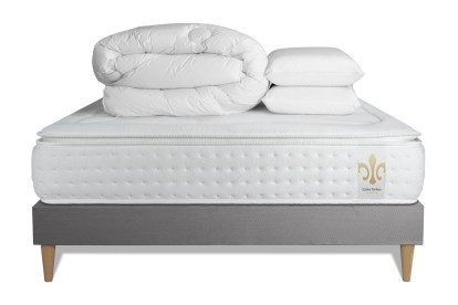 Pack lit complet 140x200 cm - Matelas + Sommier Gris + 2 oreillers + Couette - Vingt-Quatre PLUS