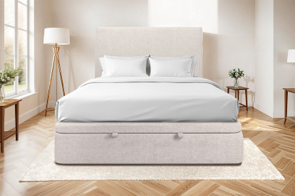 Lit coffre 140x200 cm avec Tête de lit tapissée - Tissu Toile natté Beige Clair