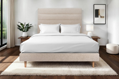 Lit 150x190 cm - Sommier tapissier H29 cm + tête de lit à lignes - Tissu Toile natté Beige Brun