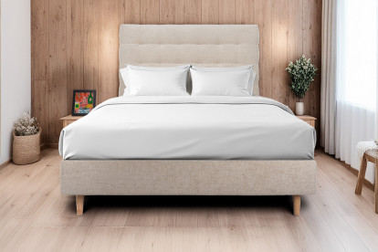 Lit 140x200 cm - Sommier tapissier H35 cm + tête de lit capitonnée - Tissu Toile natté Beige Brun