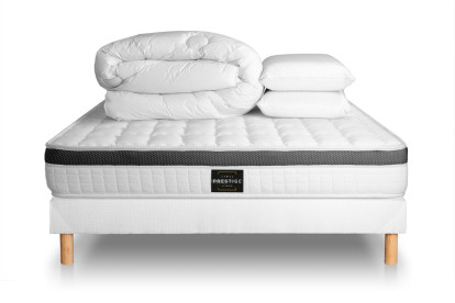 Pack lit complet 160x200 cm - Matelas + Sommier Blanc + 2 oreillers + Couette - Supérieur