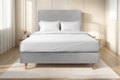 Lit 150x190 cm - Sommier tapissier H35 cm + tête de lit tapissée - Tissu Bouclette Gris