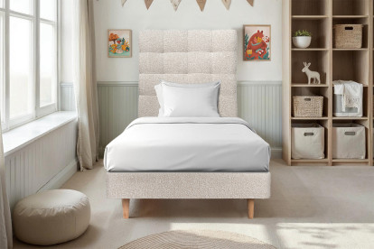 Lit 90x190 cm - Sommier à lattes H29 cm + tête de lit capitonnée - Tissu Bouclette Beige Clair