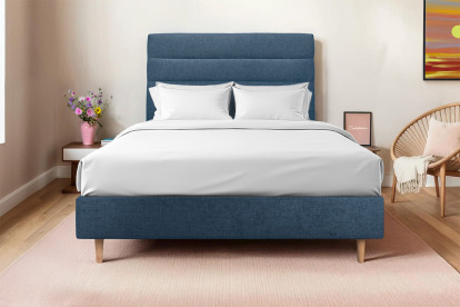 Lit 140x190 cm - Sommier tapissier H35 cm + tête de lit à lignes - Tissu Toile natté Bleu Océan