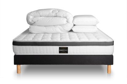 Pack lit complet 140x190 cm - Matelas + Sommier Noir + 2 oreillers + Couette - Supérieur