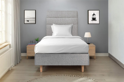 Lit 90x190 cm - Sommier tapissier H35 cm + tête de lit à lignes - Tissu Bouclette Gris