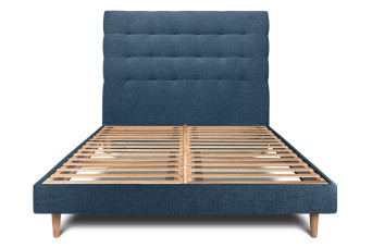 Lit 150x190 cm - Sommier à lattes H29 cm + tête de lit capitonnée - Tissu Toile natté Bleu Océan
