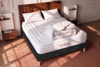 Pack lit complet 160x200 cm - Matelas + Sommier Noir + 2 oreillers + Couette - Lancaster