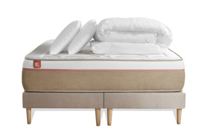 Pack lit complet 160x200 cm - Matelas + 2 Sommiers Beiges + 2 oreillers + Couette - Le Soyeux