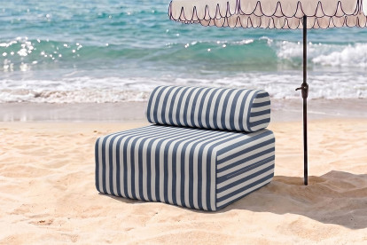 Fauteuil modulable, mousse écologique et assise ferme - Tissu extérieur à rayures, blanc et bleu foncé