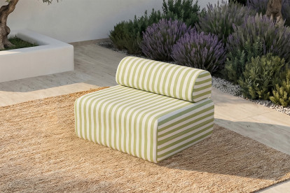 Fauteuil modulable, mousse écologique et assise ferme - Tissu extérieur à rayures, blanc et vert anis