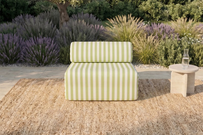 Fauteuil modulable, mousse écologique et assise ferme - Tissu extérieur à rayures, blanc et vert anis
