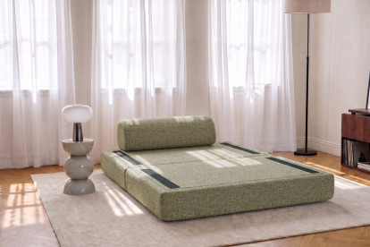Canapé 2 places convertible et modulable, mousse écologique et assise ferme - Tissu tweed Vert