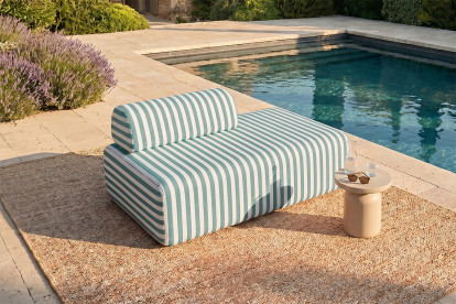 Canapé 2 places modulable, mousse écologique et assise ferme  - Tissu extérieur à rayures, blanc et bleu turquoise