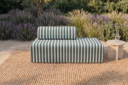 Canapé 2 places modulable, mousse écologique et assise ferme  - Tissu extérieur à rayures, blanc et vert foncé