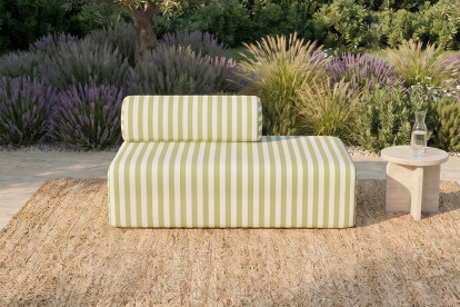 Canapé 2 places modulable, mousse écologique et assise ferme  - Tissu extérieur à rayures, blanc et vert anis