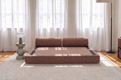 Canapé 3 places convertible et modulable, mousse écologique et assise ferme  - Tissu tweed Rouge