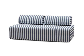 Canapé 3 places modulable, mousse écologique et assise ferme  - Tissu extérieur à rayures, blanc et bleu foncé